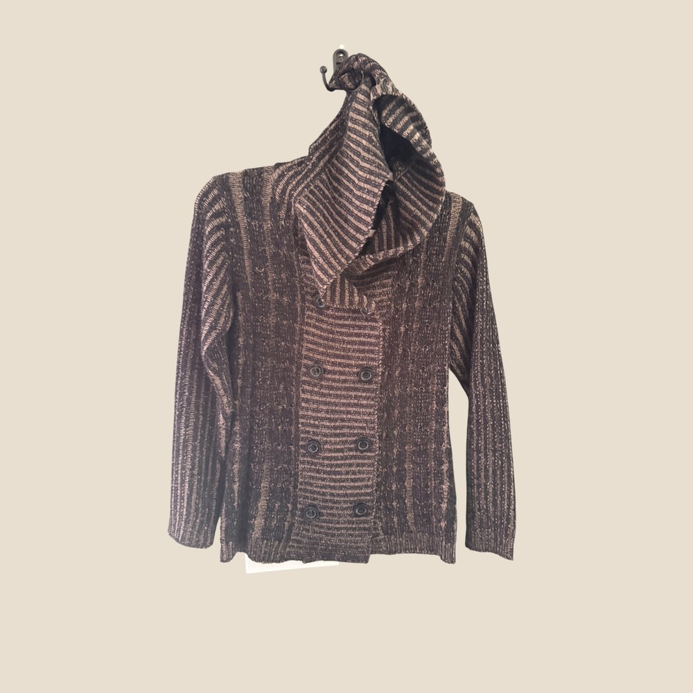 Effeci Creazioni Y2k Brown Textured Knit Double Breasted Hooded Cardigan PS